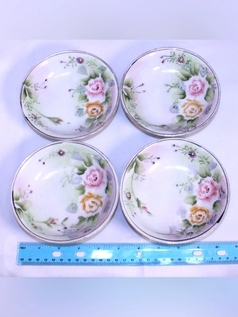 Antique Nippon Porcelain Berry or Dessert Bowls Set of 4 Rose Garden Design